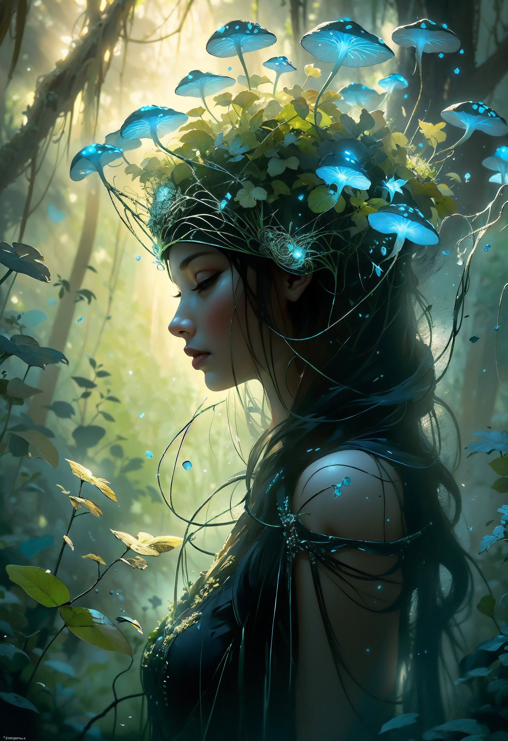 (in Gainax style:1.0), high-quality, masterpiece, A sentient plant being, with vines and flowers woven into an elaborate botanical outfit, their expression serene and connected to nature, illuminated by dappled sunlight filtering through the forest canopy. Shallow depth of field with soft focus and warm, natural lighting, set against a dense forest with glowing bioluminescent fungi. Cinematic framing, (elaborately detailed attire with extraordinary elements and headdress:1.1), (art by Stephen Gammell:1.0), (hyperdetailed:1.1), (intricate details:1.0), (Refined details:1.1), (best quality:1.1), (high resolution:1.2)