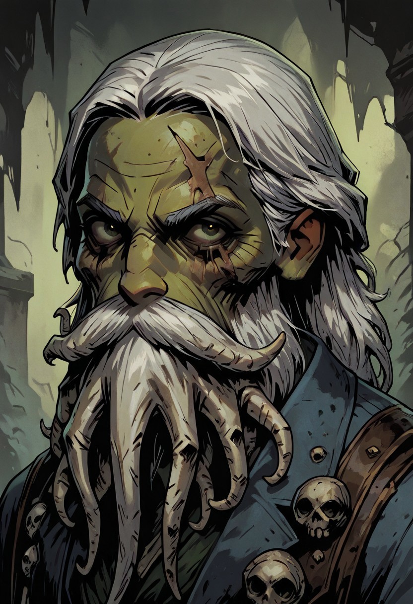 masterpiece, best quality, newest, absurdres, highres, TTCSV1.0, solo, solo focus, portrait,
1boy beard, mustache, scar, scars on face, TB-V1.0, Tentacle beard, white hair, old man, old, undead, skull, zombie, bones,
