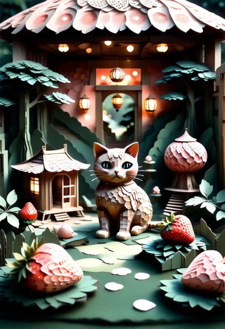 lazypos, CardboardStyle, low-poli, voxels, voronoi, whimsical, Strawberry Teahouse is cozy teahouse nestled within a strawberry in a quiet garden, with bonsai trees, stepping stones, and paper lanterns shaped like tiny berries. A cat naps at the doorway. Muted vintage palette, overhead tilt-shift style, soft focus and glowing ambient light.
Style tags: peaceful surrealism, miniature realism, cozycore, strawberry fusion, SDXL-friendly