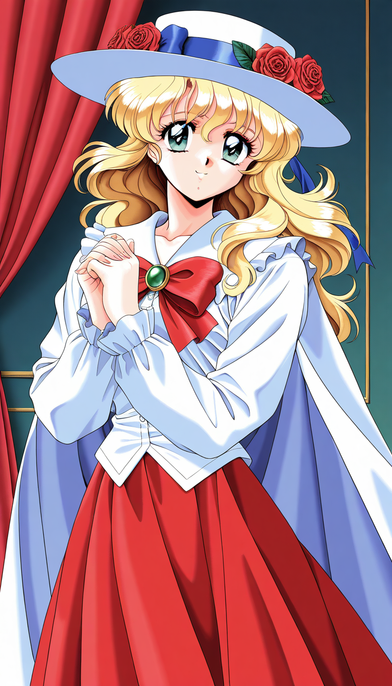 general,highres, ultra-detailed,very aesthetic,best quality ,best hands,  BREAK <lora:Itou_Kaori_IS:1>Itou_Kaori, 1girl, hat, solo, flower, hat flower,  BREAK,
 bow, rose, cape, looking at viewer, smile, skirt, brooch, ribbon, long sleeves, frills, red skirt, curtains, shirt, red bow, 1990s (style), bowtie, dress,
game cg style,
