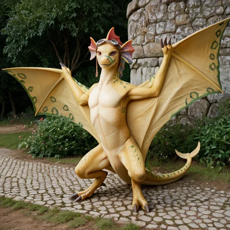 score_9, score_8_up, score_7_up, score_6_up, masterpiece, high quality, realistic, detailed, best quality, 1girl, solo, rating_safe, source_furry, outdoors, flyiny, smiling, looking at viewer, spread wings, Adine_awsw, wyvern, green stripes on snout, head fins, crescent shaped tail tip, green spots on scales, green spots on wings, yellow scales, scales, wings, tail, female, red eyes, feral, goggles, goggles on head, full body, detailed eyes