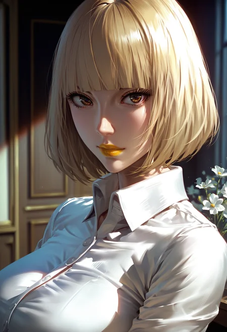 <lora:Hana_Midorikawa_v10:0.8>, Hana_Midorikawa, school uniform, blonde hair, brown eyes, short hair, blunt bangs, yellow lipstick, eyelashes,,score_9, score_8_up, score_7_up, A hand-drawn painting with rough, emotive strokes, in an oil painting style, surreal images, unreal engine 5, higher resolution textures, 4k graphic resolution, dimly lit, high detailed shading,1girl, solo,beautiful girl, perfect eyes, sexy, cute face,pose,seductive pose,Eye-level angle (from the side) view Distance shot,huge breasts,Petite Breasts,Dreamy fairytale castle courtyard garden with blooming flowers and a whimsical fountain,Expressiveh , <lora:Better_expressionsH:0.65> ,  <lora:add_details_xl:1> ,