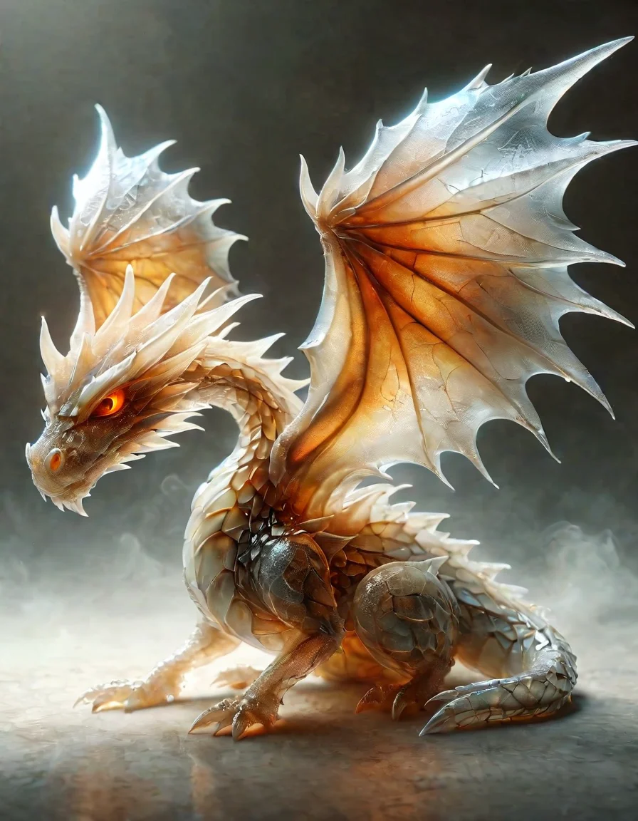 "Mystery Shell Dragon", it is Nasty, short lighting, F/8, <lora:sdxl_lightning_8step_lora:1>, <lora:ral-milkyglass:0.95> made out of ral-milkyglass, aesthetic, warm light, fine artistic composition, intense, intricate, holy, cute, imposing, exquisite color, highly detail