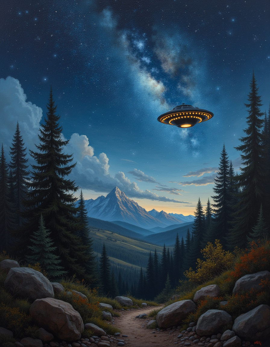 An atmospheric painting of a a UFO in the night sky