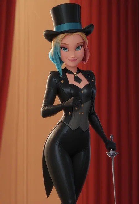 disney animation,
Blue curl 
masterpiece, best quality, hyper-realistic, ultra-HD, luminous lighting, cinematic ambiance, shimmering gradients, ethereal glow, deep contrast, rich color tones, seductive atmosphere, captivating sensuality, Cinematic Lighting,
 Zoe, blue curl, blue eyes, light blonde hair, multicolored hair, red curl, blue curl, cute,
<lora:Disney_Animation_v5-V7:1>
cabaret swordsman costume, corset with suit details, top hat, long gloves, holding a rapier, dramatic stage, red curtains, spotlight, confident smirk, nsfw