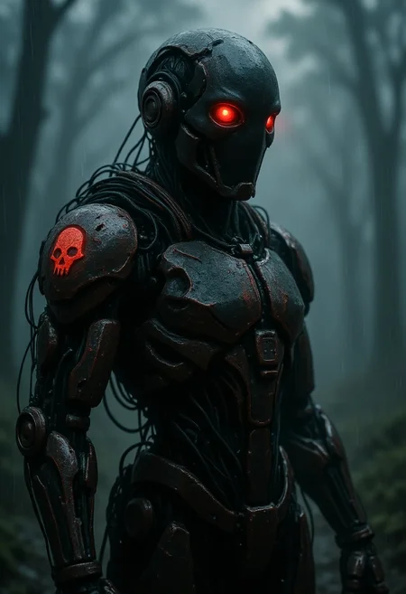 , Exoskeleton glistening, with intricate mechanical joints and cables, standing amidst an eerie, fog-filled forest, detailed raindrops, ominous red skull symbol on the shoulder, glowing red eye slits, with the misty, towering trees blurred in the background to create a haunting, otherworldly with intricate textures and vibrant colors. The scene should include a rich variety of elements, each contributing to the overall atmosphere. Lighting should be soft, diffused, and natural, enhancing the depth and realism of the scene. The mood is to be calm yet vibrant, creating a sense of serenity and wonder. Every detail in the scene should be meticulously rendered, emphasizing the contrast between light and shadow, and capturing the fine textures and subtle gradients. The color palette should be carefully chosen to evoke emotion, with each hue enhancing the aesthetic appeal of the overall composition. The final image should be immersive and captivating, drawing the viewer into its intricately detailed world.
