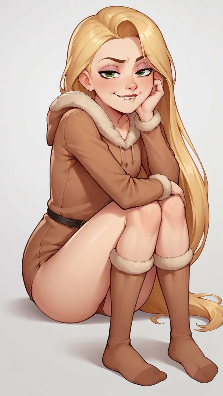score_9, score_8_up, score_7_up, score_6_up, score_5_up, score_4_up, 1girl, rapunzel, blonde hair, very long hair, hair infront, knee high socks, 33v33, full body, onesie, biting own lip, half-closed eyes, smirk, white background, sitting, knees up, looking at viewer, leaning forward, <lora:33v33XLP:0.6>