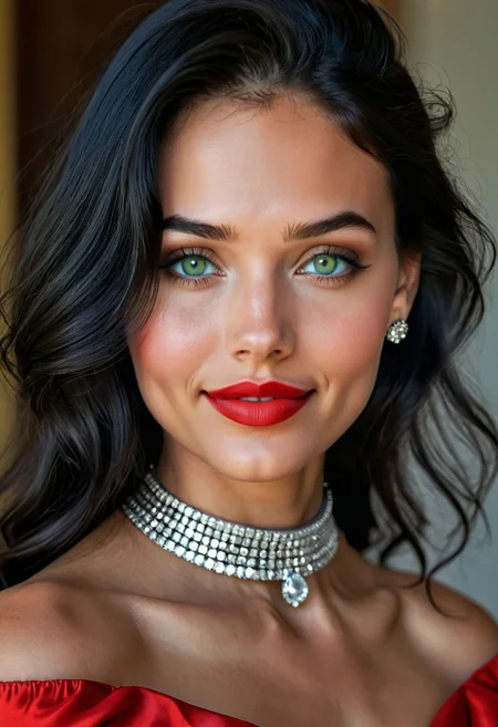 photorealistic, epic realism, (masterpiece), (Realistic photo), (High quality), (RAW photo 8k), (upper body), (Photography by Steve McCurry), incredibly absurdres, young, supermodel, 1girl, solo, ((upper body:1.4)), ((portrait, looking at the viewer)), (outline defined full lips:1.4), (green/hazel eyes), perfect symmetrical eyes, long eyelashes, wearing an red haute couture dress, neckline, diamond choker, diamond stud earrings, sparkle, (highly detailed, intricate), ((black hair:1.4), modern hairstyle, hair intakes, (healthy hair, silky hair, voluminous hair)), ((natural, eyeliner, seductive smiling expression, closed mouth, closed lips, highly detailed face)), (exceptional Detail Clarity, dynamic angle, DSLR, hyper-detailed), (fine details, sharp focus, depth of field).