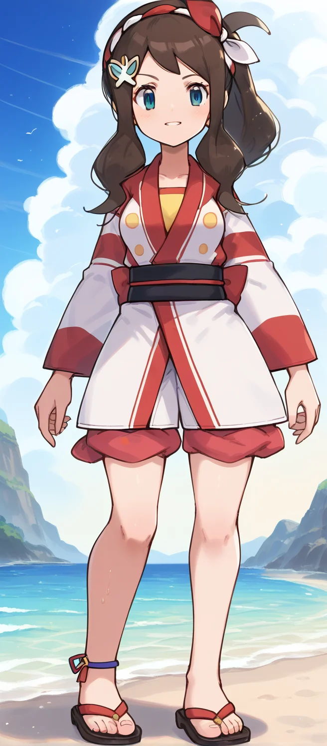 score_9, score_8_up, score_7_up,source_anime, (1girl), solo, mature female, standing, beach, colorful, close_up, medium breasts,masterpiece,amazing quality,very aesthetic,high resolution,ultra-detailed,absurdres,newest,masterpiece,amazing quality,very aesthetic,high resolution,ultra-detailed,absurdres,newest, sweat,sumhilda, def colors, blue eyes, brown hair, sidelocks, high ponytail, silver hair ornament, nejiri hachimaki, red hairband, white hairband, japanese clothes, happi, long sleeves, multicolored jacket, red jacket, white jacket, yellow shirt, two-tone shorts, (white shorts), [red shorts], blue anklet, sandals, red footwear, black footwear