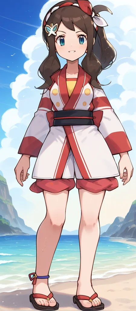 score_9, score_8_up, score_7_up,source_anime, (1girl), solo, mature female, standing, beach, colorful, close_up, medium breasts,masterpiece,amazing quality,very aesthetic,high resolution,ultra-detailed,absurdres,newest,masterpiece,amazing quality,very aesthetic,high resolution,ultra-detailed,absurdres,newest, sweat,sumhilda, def colors, blue eyes, brown hair, sidelocks, high ponytail, silver hair ornament, nejiri hachimaki, red hairband, white hairband, japanese clothes, happi, long sleeves, multicolored jacket, red jacket, white jacket, yellow shirt, two-tone shorts, (white shorts), [red shorts], blue anklet, sandals, red footwear, black footwear