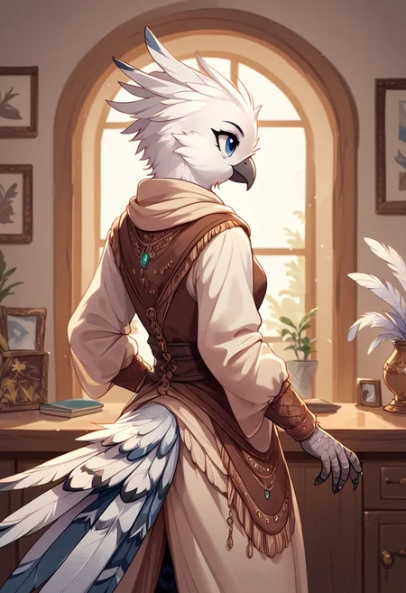 score_9, score_8_up, solo, 1girl, standing,
megafeatherypony, feathers, feathery, bird anthro, indoors, clothes