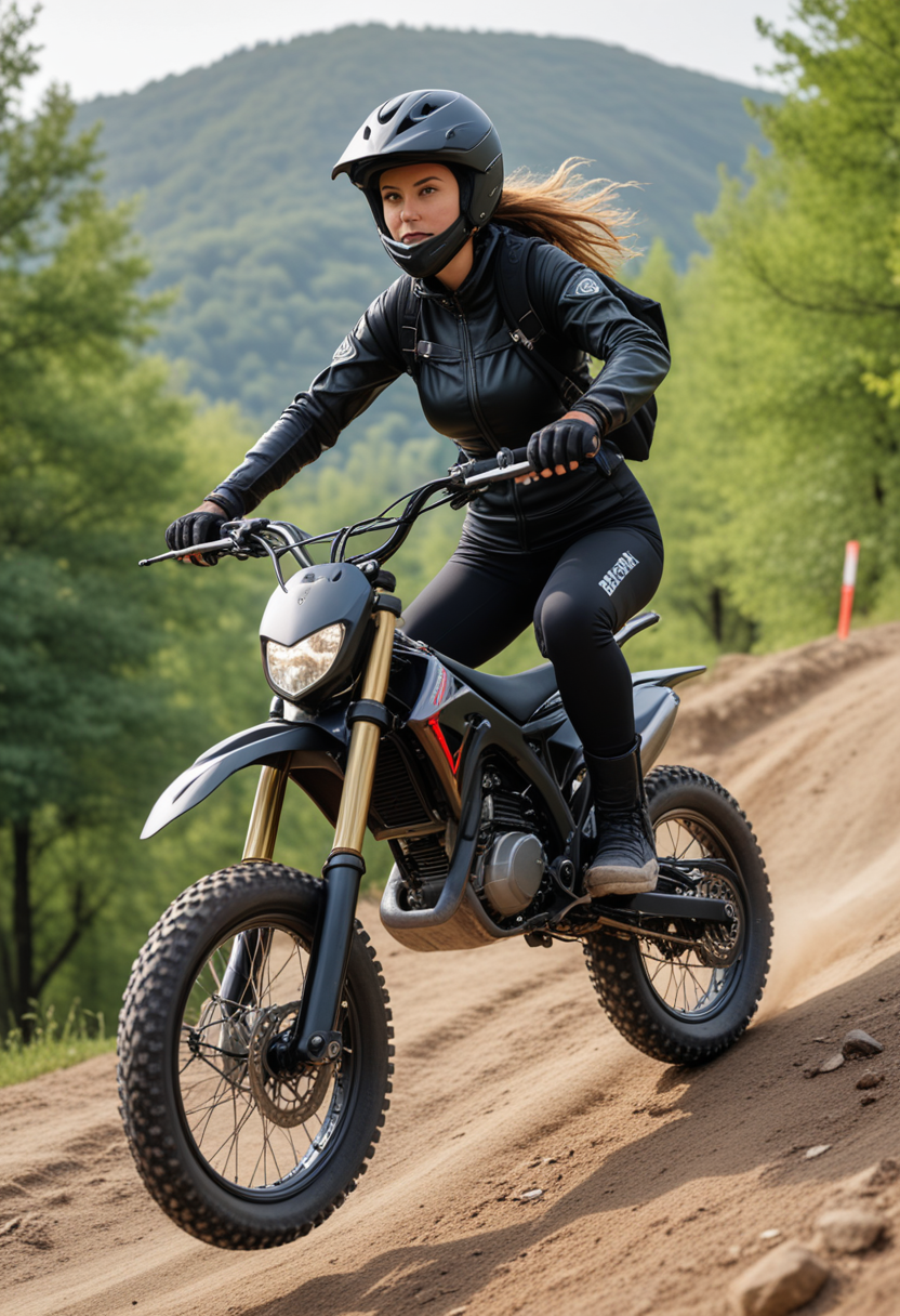(medium full shot) of a black sport motorbike, with alloy wheels wheels, padded seat seat, equipped with a bike computer,  ridden by a middle-aged woman in  a mountain biking park with jumps, ramps, challenging courses, Masterpiece,best quality, photo, realistic, very aesthetic,
