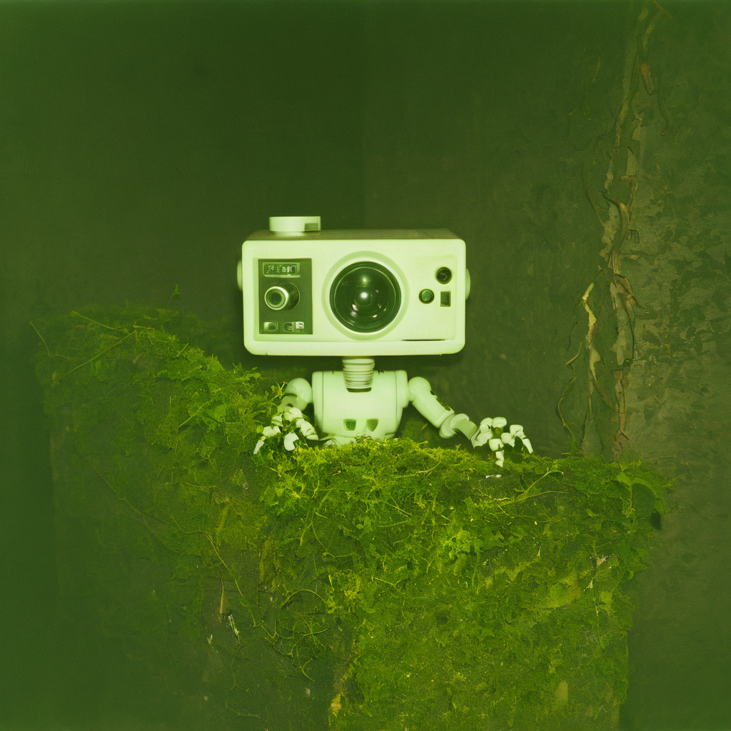 (a polaroid film photography:1.2) of a futuristic robot, turned off, moss and vines growing on it, glowing display on chest, grainy photo, faded film, soft focus