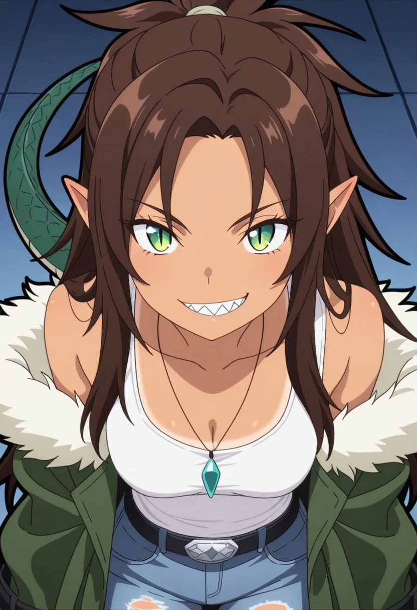 ((((masterpiece, face focus, anime screencap, black outline, high quality, best quality, very aesthetic)))),
1girl, solo, smoking, green eyes, jewelry, pointy ears, long hair, breasts, looking at viewer, smile, necklace, light tan skin, black belt, silver belt buckle, worn blue jeans, green scales, torn jeans, very faded white tank top, exposed shoulder, green trench coat, (fur trim), Sophia, dark brown hair, long hair, sharp teeth, slit pupils, green eyes, oversized sleeves, demi-human, sophia, green eyes, dark brown hair, reptile tail, green scales, sharp teeth,