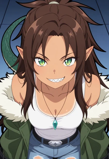 ((((masterpiece, face focus, anime screencap, black outline, high quality, best quality, very aesthetic)))), 
 1girl, solo, smoking, green eyes, jewelry, pointy ears, long hair, breasts, looking at viewer, smile, necklace, light tan skin, black belt,  silver belt buckle,  worn blue jeans, green scales, torn jeans, very faded white  tank top, exposed shoulder, green trench coat, (fur trim), Sophia, dark brown hair, long hair, sharp teeth, slit pupils, green eyes, oversized sleeves, demi-human, sophia, green eyes, dark brown hair, reptile tail, green scales, sharp teeth,