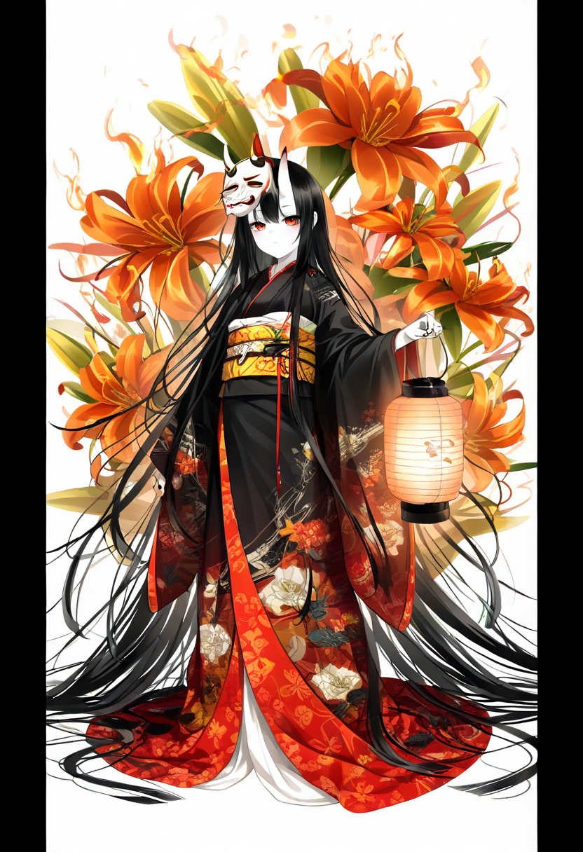 1girl,original,absurdly long hair,black hair,black kimono,expressionless,flower,full body,horns,japanese clothes,kimono,lily \(flower\),long hair,looking up,mask,name connection,object namesake,oni,oni mask,orange flower,oversized flower,pale skin,pillarboxed,red eyes,red kimono,skin-covered horns,solo,tiger lily,two-tone kimono,unworn mask,very long hair,yellow flower,red flower,multicolored clothes,mask on head,oversized object,orange theme,nail polish,floral print,holding lantern,black nails,holding,wide sleeves,standing,multicolored kimono,white background,fire,lantern,looking at viewer <lora:caoXL_NBVP1_lokr_V6311PZ:0.95>