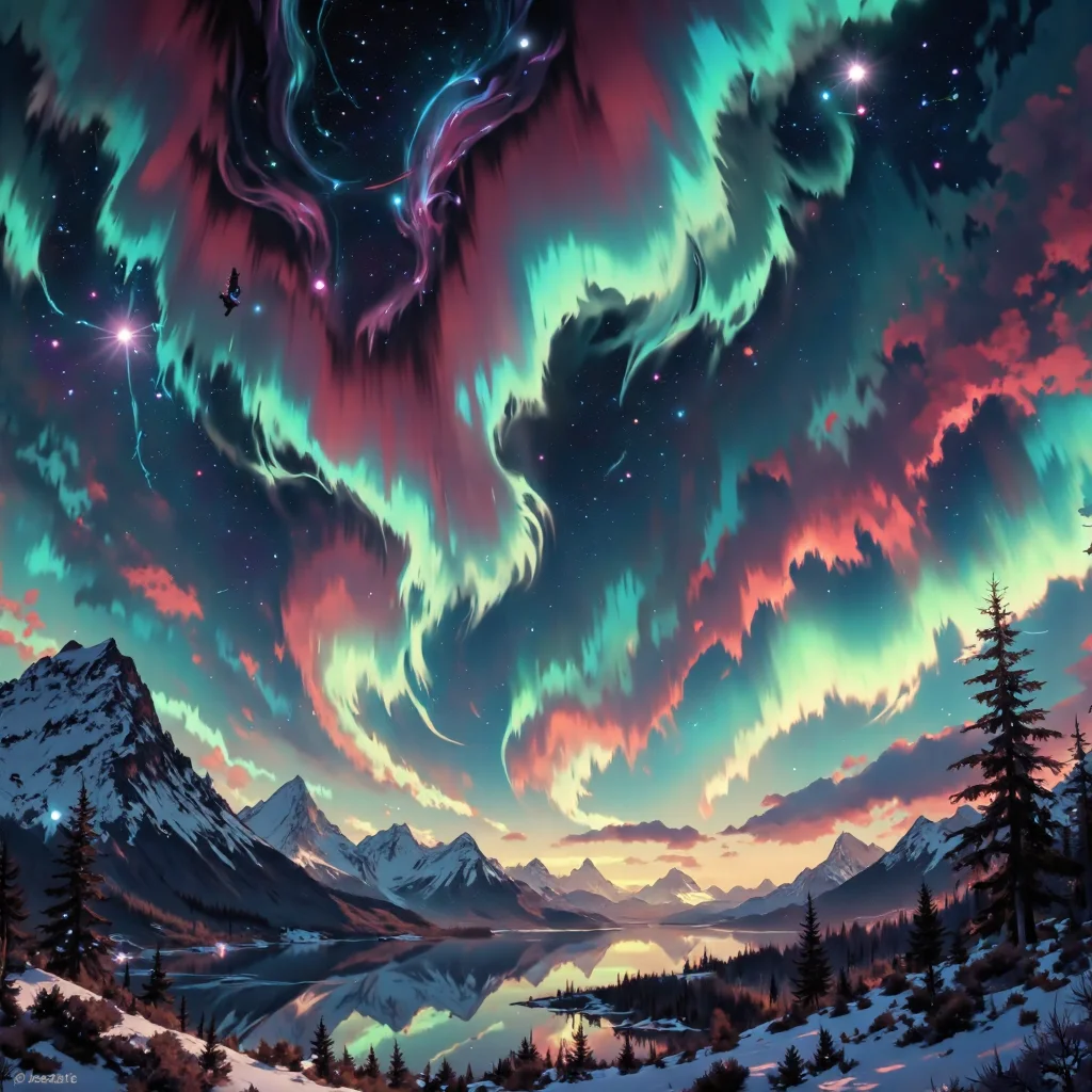 In the style of ff-td, The Aurora Borealis, also known as the Northern Lights, is a mesmerizing natural wonder that illuminates the night sky in a symphony of colors. A dynamic dance of green, blue, and pink hues, it creates an ethereal atmosphere that takes one's breath away. Swirling and shimmering like an otherworldly veil, this celestial spectacle seems to pulse and undulate, as if guided by some mystical force. It is a sight so captivating that one could stand in awe for hours on end, lost in its transcendent beauty. The Aurora Borealis is truly a masterpiece of nature, an enchanting spectacle that leaves all who witness it in wonder and amazement. <lora:Techno_Digitalis:1>