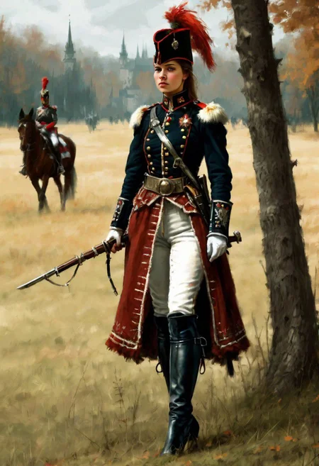 beautiful slim large-breast young female Hungarian hussar, long boots, digital painting in jrst artstyle