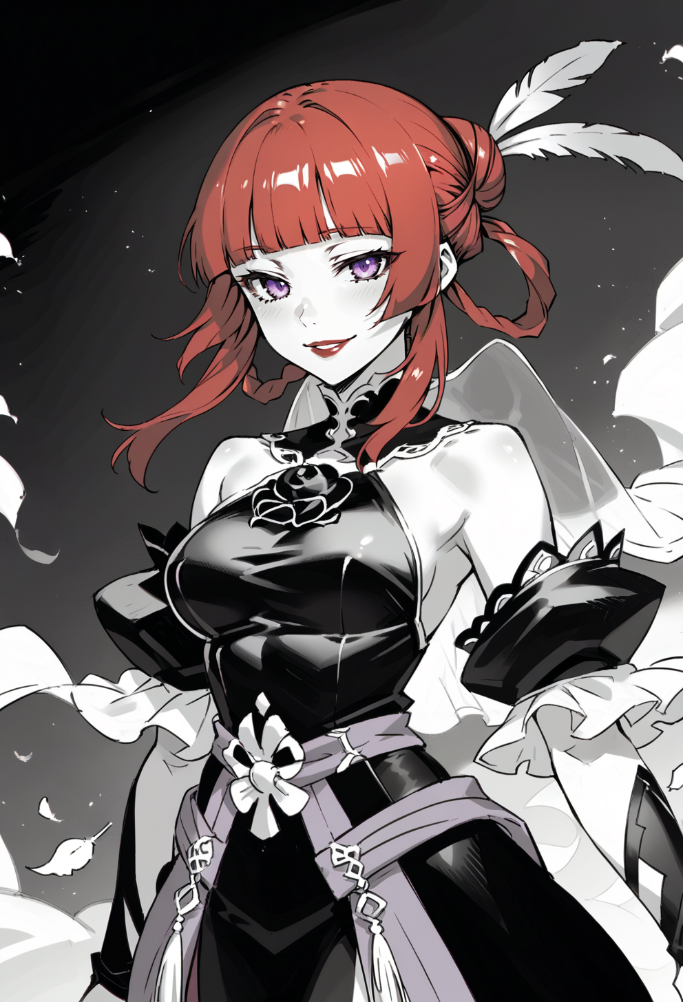score_9, score_7_up, source_anime, BREAK  <lora:Taiki Dendro:0.9> taiki, art, black wedding dress, purple dress, black veil, cowboy shot, feather trim, monochrome,, solo, seductive smile, red lips,
1girl, purple eyes, red hair, blunt bangs, medium breasts, low hair rings,