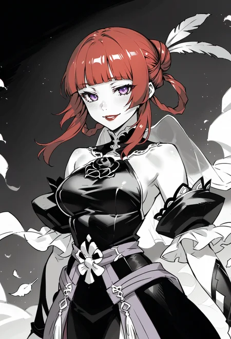 score_9, score_7_up, source_anime, BREAK  <lora:Taiki Dendro:0.9> taiki, art, black wedding dress, purple dress, black veil, cowboy shot, feather trim, monochrome,, solo, seductive smile, red lips,
1girl, purple eyes, red hair, blunt bangs, medium breasts, low hair rings,