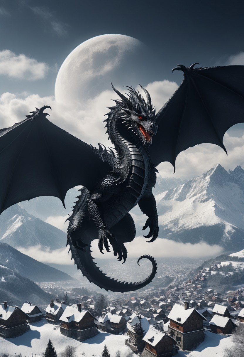 a dark demonic dragon is flying in the air in circles, snow peaked mountains in background, small village, very detailed, masterpiece, adventurous, cloudy sky,  with a sense of wonder and curiosity, cinematic
(8k uhd:1,4)
<lora:add-detail-xl:1>
<lora:WildcardX-XL-Detail-Enhancer:1>
<lora:MJ52:0.375>
<lora:CinematicStyle_v1:0.42>
