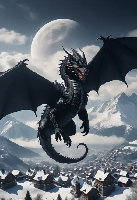 a dark demonic dragon is flying in the air in circles, snow peaked mountains in background, small village, very detailed, masterpiece, adventurous, cloudy sky,  with a sense of wonder and curiosity, cinematic
(8k uhd:1,4)
<lora:add-detail-xl:1>
<lora:WildcardX-XL-Detail-Enhancer:1>
<lora:MJ52:0.375>
<lora:CinematicStyle_v1:0.42>