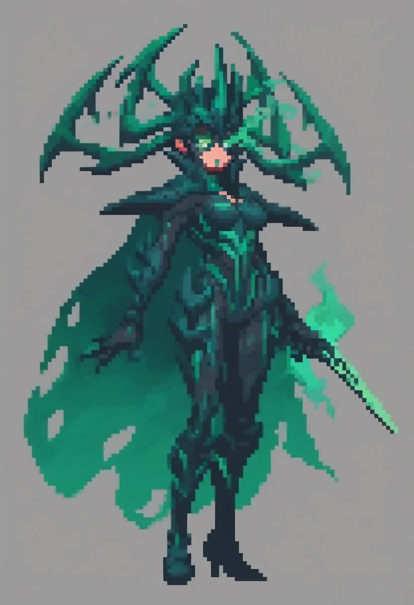 score_9, score_8_up, score_7_up, score_6_up, expressiveh, hela_rivals, 1girl, solo, default skin, bodysuit, armor, green eyes, glowing eyes, helmet, spiked helmet, sword, flaming sword, green sword, cape, flaming cape, green cape, green details, black bodysuit, green lips, full body, high heels, claws, shoulder armor, glowing background, intricate background, green pattern background, dynamic pose, dynamic angle, fantasy background, detailed background, crows, <lora:sakuemonq:1> <lora:Hela_Marvel_Rivals_-_PonyXL:0.6>