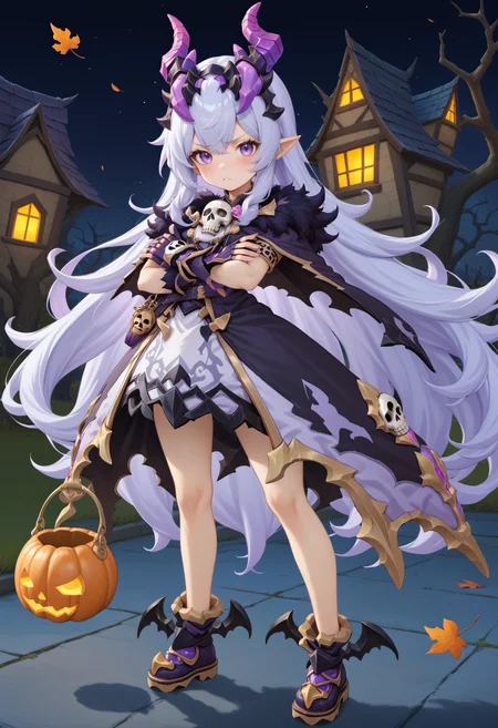 masterpiece, best quality, very aesthetic, absurdres, rom_hela_xl,
1girl, purple hair, horns, purple eyes, grumpy, skull, fingerless gloves,
full body, standing, crossed arms, haunted house, withered trees, bats, halloween bucket, pumpkin,
outdoors, (wind, falling leaves, light particles:1.4), light rays, tyndall effect, vivid colors, tranquil and magical atmosphere,
shiny skin, beautiful face, beautiful eyes, extreme detailed, official art, professional illustration, hires,
<lora:rom_hela_xl:1>, <lora:aesthetic_anime_v1s:0.5>, <lora:add_details_xl:0.5>