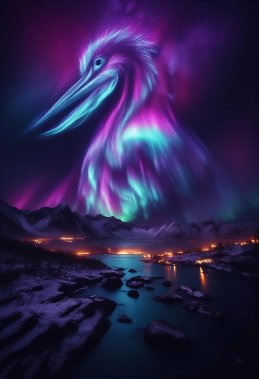 Digital artwork showcasing a breathtaking aurora borealis display in a nighttime landscape. The central subject is a pelican, stylized in glowing, ethereal colors, rendered in vibrant hues of purple and blue, appearing to be formed by the swirling aurora lights.