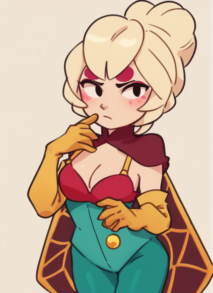 score_9, score_8_up, score_7_up,   <lora:bscharlie:1> 1  girl , bscharlie , blonde hair  , hair bun,  yellow gloves  ,elbow gloves,  green bodysuit, red bra , red cape, cleavage, , green pantyhose, bare arms,   looking at viewer, ,blush,   <lora:Yagi_the_Goat_Style:1>by s1120411