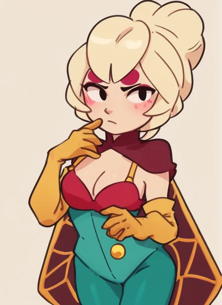 score_9, score_8_up, score_7_up, <lora:bscharlie:1> 1 girl , bscharlie , blonde hair , hair bun, yellow gloves ,elbow gloves, green bodysuit, red bra , red cape, cleavage, , green pantyhose, bare arms, looking at viewer, ,blush, <lora:Yagi_the_Goat_Style:1>by s1120411