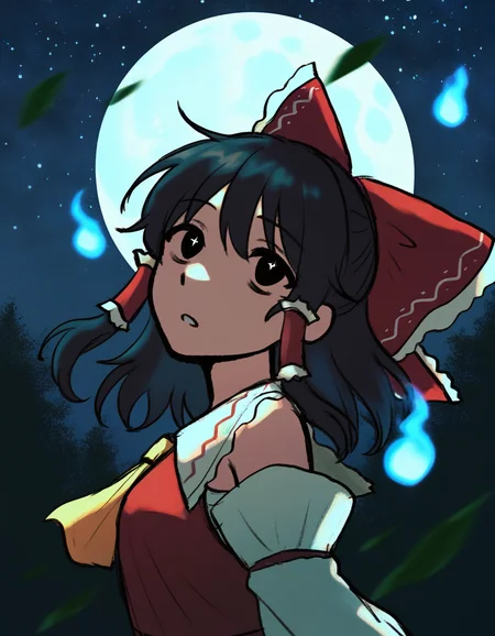 fr0y0, masterpiece, best quality, good quality, newest, very awa, absurdres, highres, black eyes, no sclera hakurei reimu, full moon, wind, night, hitodama, upper body, looking up, star \(sky\), close-up, sparkling eyes, forest, wide eyes, dark theme, falling leaves, <lora:None:1.0>