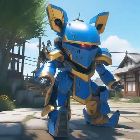 Ultra-realistic extremely detailed real life 8k masterpiece of a super sleek cool blue and gold dog mech exploring a village, epic background, extremely detailed eyes mouth and facial features, breathtaking epic lighting, cinematic composition, sakura wars style <lora:sakura wars style:1>
