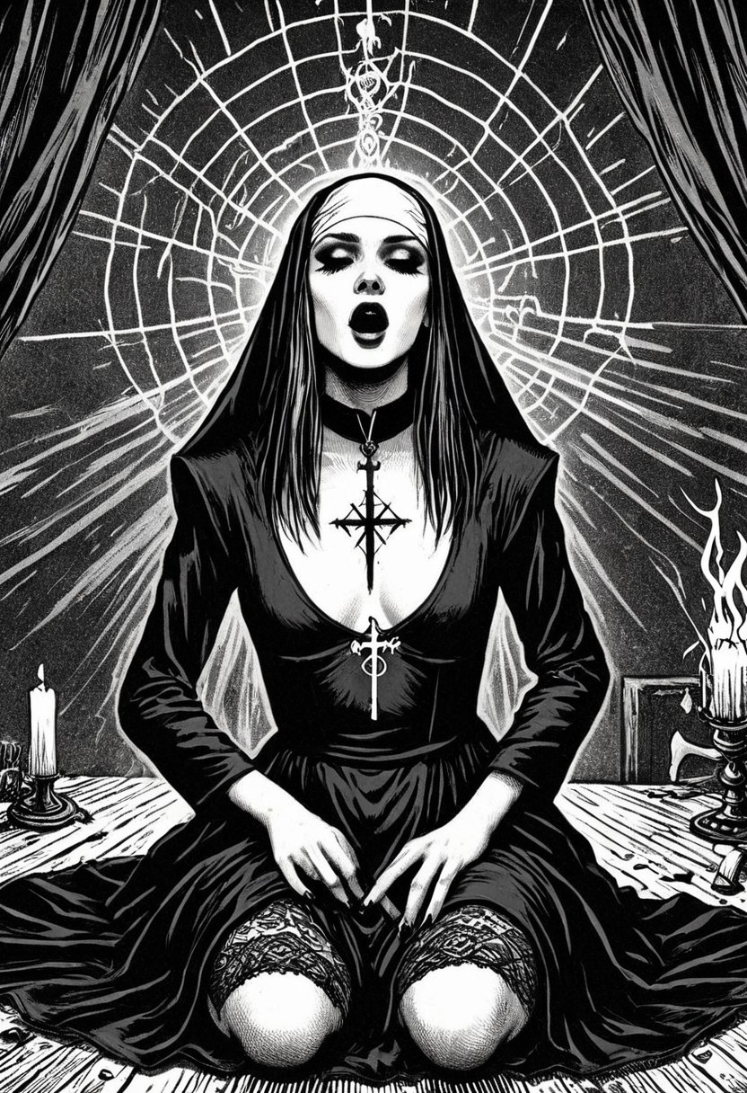 drawing, gothic, digital illustration, flat colors, line art, heavy film grain, black and white, 19 year old nun, satanist, doing incanttion, black magic, ritual, black lodge,  sexy, creative angle, sexy poses