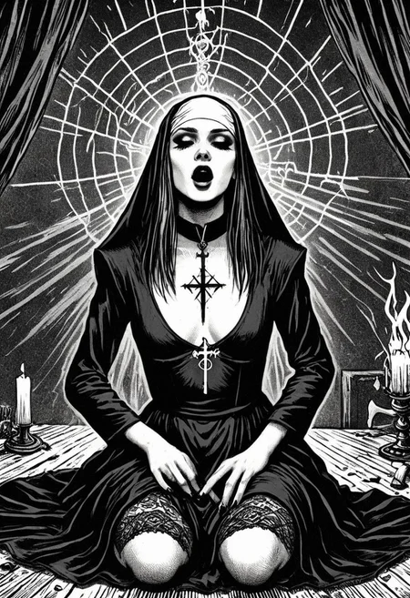 drawing, gothic, digital illustration, flat colors, line art, heavy film grain, black and white, 19 year old nun, satanist, doing incanttion, black magic, ritual, black lodge, sexy, creative angle, sexy poses