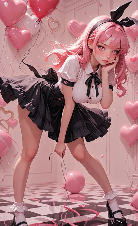 1girl, solo, long hair, breasts, looking at viewer, blush, shirt, large breasts, skirt, red eyes, holding, bow, ribbon, closed mouth, jewelry, standing, white shirt, full body, pink hair, braid, hair ribbon, short sleeves, heart, hair bow, frills, hairband, parted lips, shoes, collared shirt, socks, puffy sleeves, black skirt, pink eyes, black footwear, high heels, puffy short sleeves, legs, black bow, neck ribbon, black ribbon, buttons, leaning forward, white socks, frilled skirt, hand on own face, mary janes, reflection, balloon, checkered floor, bobby socks, reflective floor, heart balloon, holding balloon, CivChan
