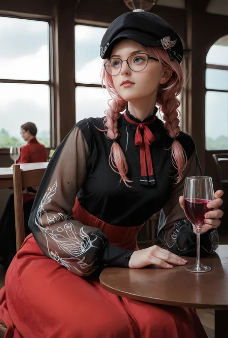 score_9, score_8_up, score_7_up
1girl, sitting, indoors, chair, table, window, holding wine glass, nature, sky, looking afar, head rest, arm support
photorealistic, (realistic)
lui-3rd, black shirt, neck ribbon, red skirt, purple skirt, long skirt, glasses, black-framed eyewear, blue eyes, pink hair, low twin braids, see-through sleeves, puffy long sleeves, print sleeves, flat cap, black collar
<lora:TakaneLuiXL-3:1>