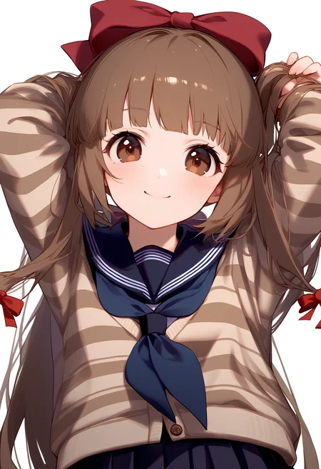 1girl,
yorita yoshino,
blush, pleated skirt, striped clothes, holding, school uniform, blunt bangs, solo, serafuku, red ribbon, simple background, blue sailor collar, cardigan, standing, brown eyes, red bow, neckerchief, hair bow, smile, ribbon, bow, white background, light brown hair, striped cardigan, cowboy shot, white stripes, blue skirt, two-handed, very long hair, long hair, skirt, closed mouth, sailor collar, blue neckerchief, holding hair, looking at viewer, arms behind head, arms up, sleeves past wrists, ponytail,
sfw
<lora:a31_char_new_yorita_yoshino-000016:1> <lora:a31_style_koni-000010:0.8>