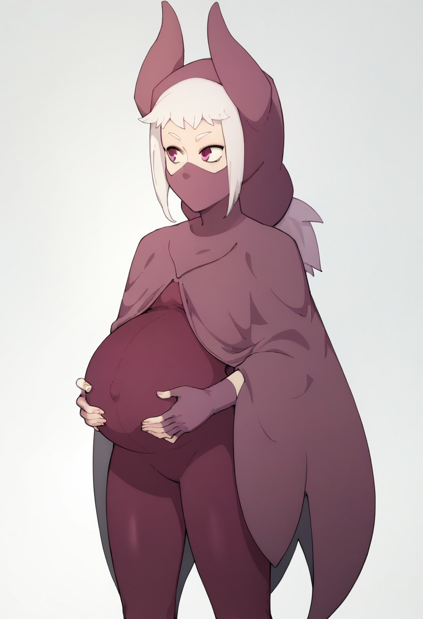 score_9, score_8_up, score_7_up, mask, 1girl, solo, pregnant, norawakfu, white hair, purple eyes, hood, horns, hood, horns, cloak, fingerless elbow gloves, bodysuit, cape, standing, holding belly, covered belly, covered navel, white background,