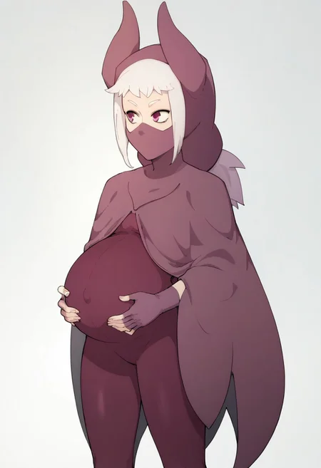 score_9, score_8_up, score_7_up, mask, 1girl, solo, pregnant, norawakfu, white hair, purple eyes, hood, horns, hood, horns, cloak, fingerless elbow gloves, bodysuit, cape, standing, holding belly, covered belly, covered navel, white background,
