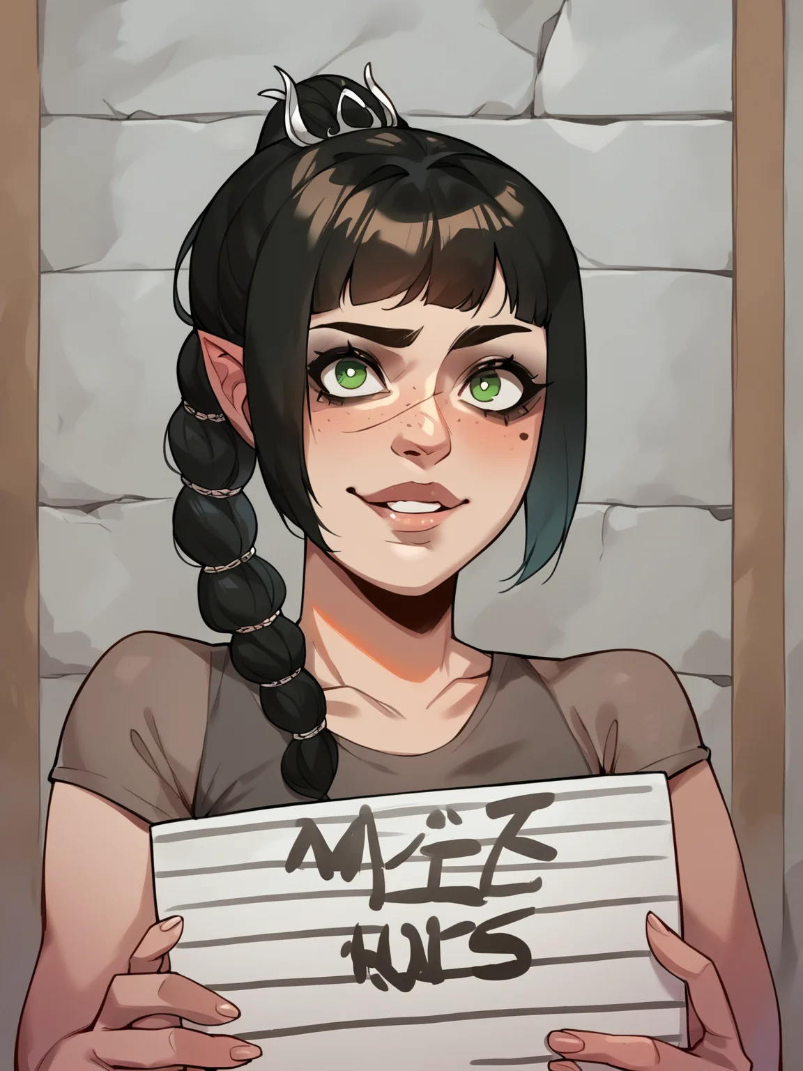 score_9, score_8_up, score_7_up, score_6_up, score_5_up, score_4_up, BREAK, source_cartoon, source_anime, 1girl, shadowheart, green eyes, black hair with long braided ponytail, mugshot, holding sign, looking at viewer <lora:ShadowHeartXL:1>
