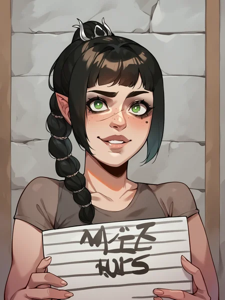 score_9, score_8_up, score_7_up, score_6_up, score_5_up, score_4_up, BREAK, source_cartoon, source_anime, 1girl, shadowheart, green eyes, black hair with long braided ponytail, mugshot, holding sign, looking at viewer <lora:ShadowHeartXL:1>