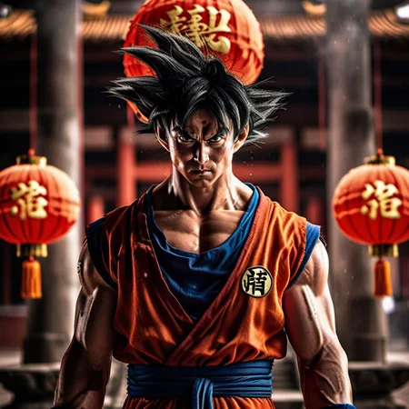 Goku1024 ,  a man dressed in red, full body, powerfull, crystal-balls, dragon, ancient chinese temple background, highly detailed, photography, ultra sharp, film, bokeh, professional, 64k  <lora:Goku1024:0.8>