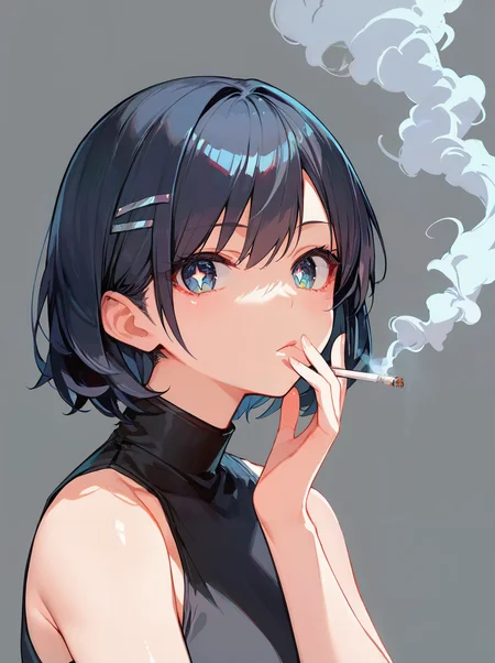 score_9, score_8_up, score_7_up,source_anime, high res image,masterpiece,best quality,(woman:1.0),cute face,clear skin,shiny hair,ultra detailed eyes,simple background, <lora:smoking_pony_V1.0:1> smoking, holding cigarette, smoke