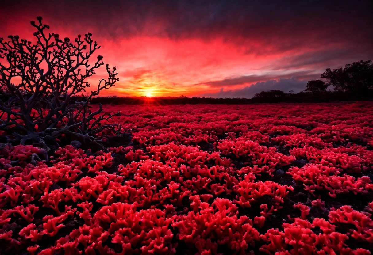 sfw, pg, field with flowers and coral sunrise