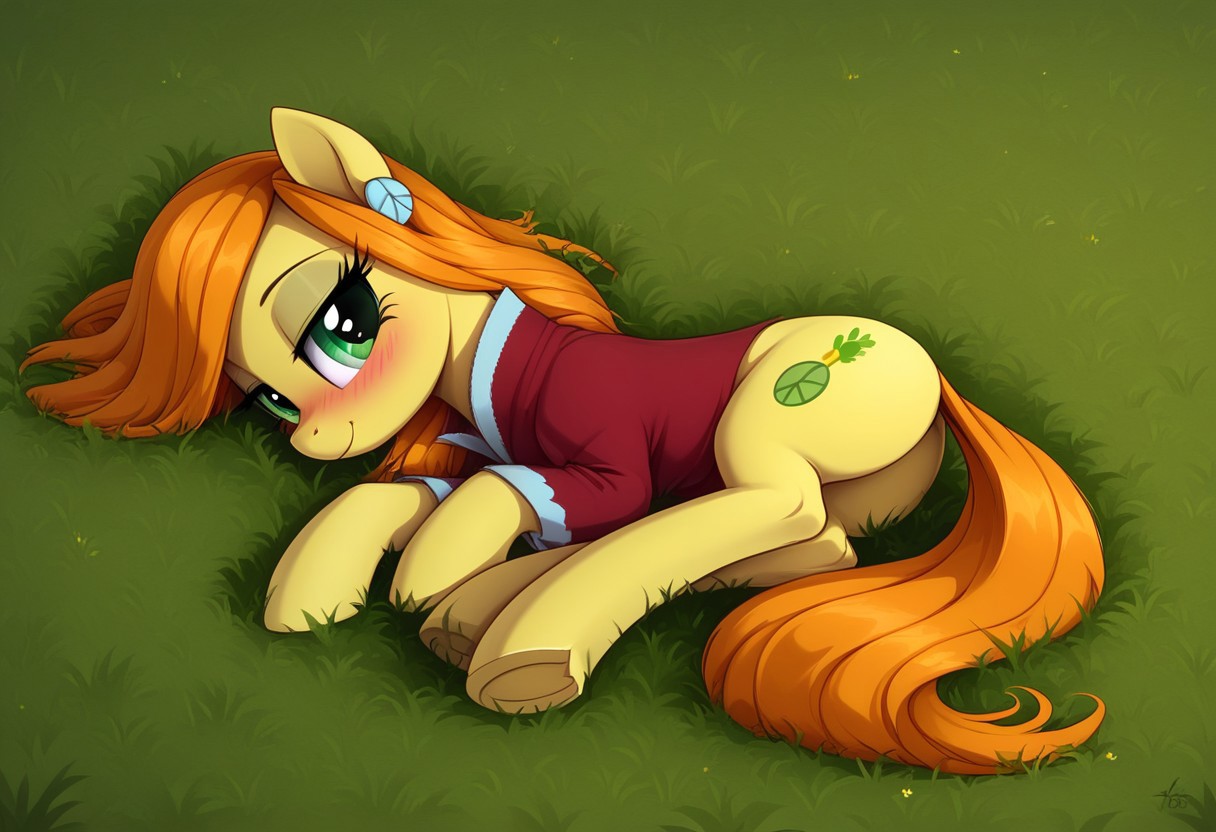 score_9, score_8_up, score_7_up, 1girl, solo,<lora:add-detail-xl:.5>, My Little Pony, (feral), (pony), close up shot, high angle, masterpiece, best quality, highly detailed, OverallDetail
BREAK wheat_grass_mlp, green eyes, orange hair, yellow body, sleeping, cute, adorable, small smile, peace sigh earrings, red shirt, ((blush)), seductive, anatomically correct, posing, volumetric lighting, eye lashes, bedroom, inside, pinup pose, laying on side, sleeping, closed eyes