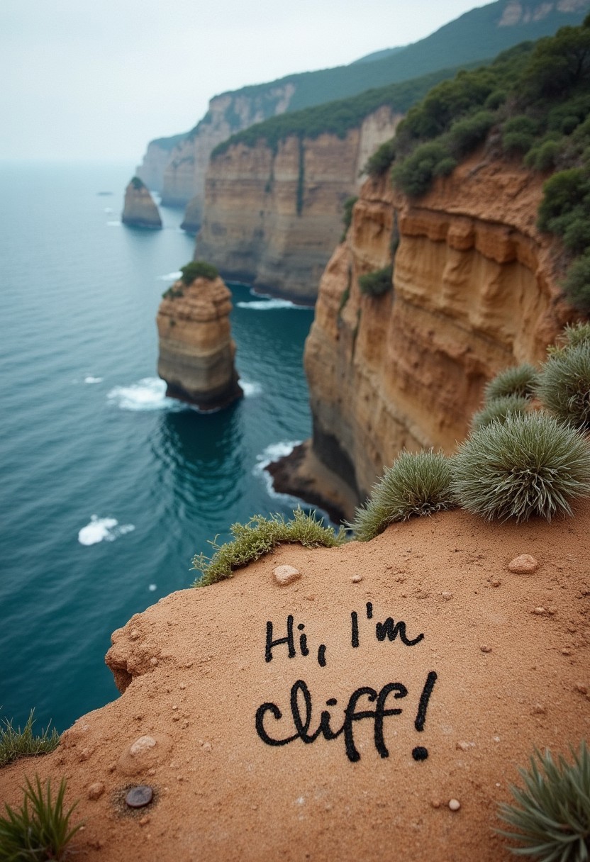 d4dupp3r a photograph of a cliffside, with a message written in the dirt: "Hi, I'm cliff!"