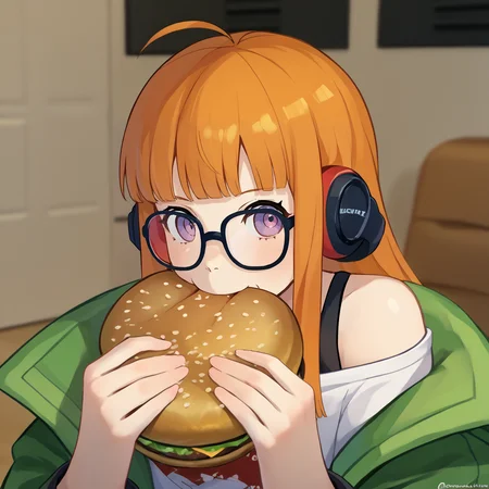 score_9, score_8_up, score_7_up, score_6_up, source_anime BREAK 1girl, <lora:jermawhopper-pdxl-nvwls-v1-000005:1> jermaWhopper, eating, huge burger, looking at you, upper body <lora:zs_FutabaXL:1> futabadef, orange hair, long hair, blunt bangs, glasses, ahoge, purple eyes, behind-the-head headphones, white shirt, green fur-trimmed jacket, off shoulder jacket, black shorts, black thighhighs