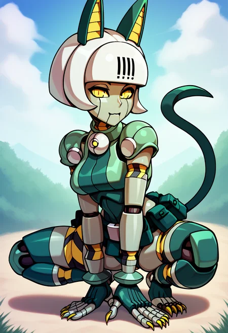 score_9, robo-fortune, 1girl, solo, yellow eyes, no humans, android, robot, robot joints, joints, humanoid robot, colored skin, bell, bob cut, short hair, white hair, tail, cat ears, pouch, claws, belt pouch, looking at viewer, medium breasts, outdoors, squatting <lora:miss-robo-fortune-2-000004:0.8>
