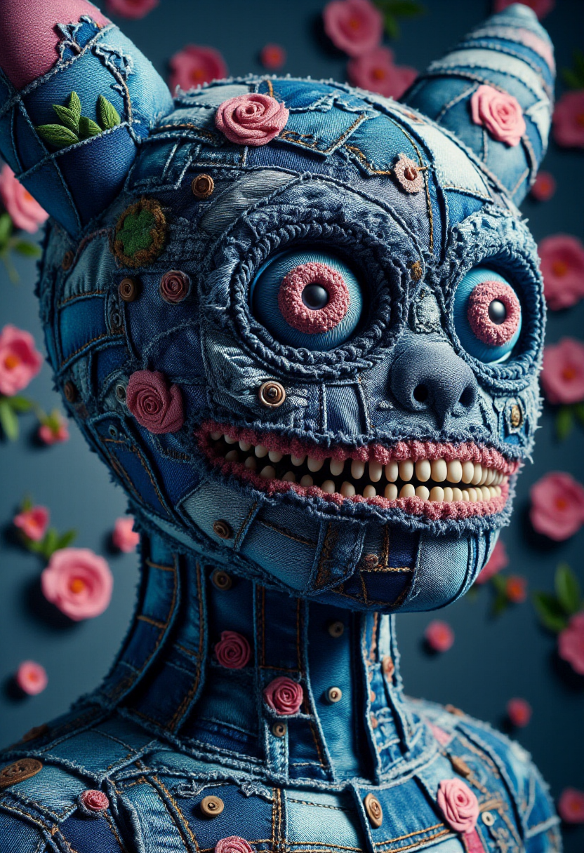 <lora:Denim_Dreamer_FLUX-000021:0.9>  
The image is a CGI rendering of a monster designed to resemble a patchwork quilt made from denim fabric, complete with a whimsical, surreal horror aesthetic.